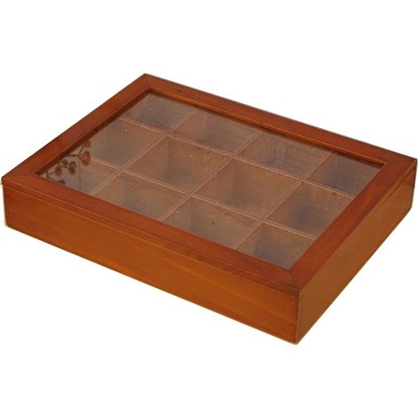 Support de stockage pour sachets de thé Bacs de rangement en bois à 12 compartiments – Boîte de rangement pour sachets de thé avec couvercle transparent Pour la cuisine, la maison, le garde-manger, (1/5)