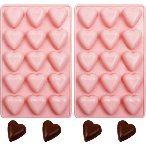 Set di 2 stampi in silicone a forma di cuore per San Valentino, con 15 cavità, ideali per cioccolato, caramelle, gelatine, biscotti, cubetti di ghiaccio, decorazioni per torte e cupcake, colore rosa.