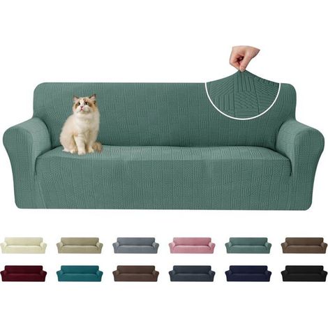 1 Housse Canapé 3 Places, Extensible, Polyester, Antidérapante, Protection Animaux, Vert Clair (1/5)