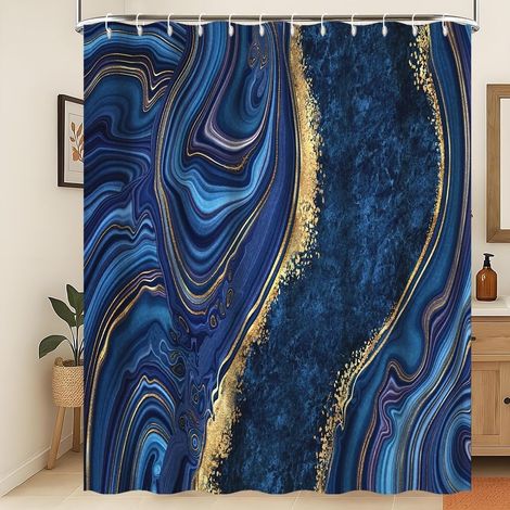 Rideau de Douche en Tissu marbré Bleu Marine et doré Rideaux de Salle de Bain imperméables de Couleur Neutre Rideaux Modernes et Luxueux Résistants à la moisissure Décoration 105x160cm