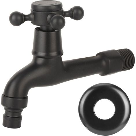 Retro-Badezimmerarmatur mit Einzelkaltwasserhahn, an der Wand montierter Waschtischhahn aus antikem Messing G1/2 Zoll, an der Wand montierter Wischmopp-Raumhahn mit Kreuzgriff, Schwarz (1/4)