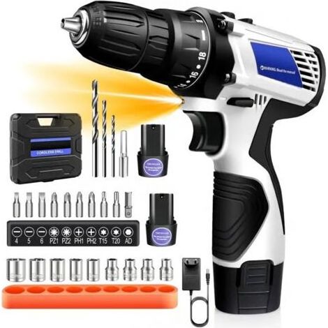 ALLIANDISPerceuse Visseuse Devisseuse Sans Fil, 16,8V, avec 2x Batteries, 45Nm, 18+1 Réglages de Couple, 2 Vitesse, 23 Accessoires