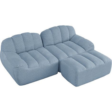 Canapé modulaire sans armature 2 places en L, forme coquillage, coussins d’assise profonds avec 1 ottoman, canapé pour salon, aucun montage nécessaire, bleu (1/5)