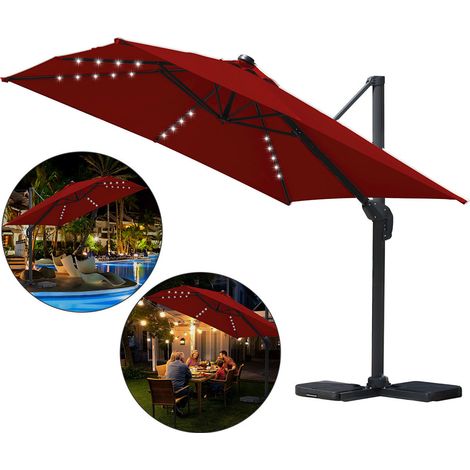 Wolketon Parasol jardin déporté, Parasol Parapluie - Alu - 360° rotatif - 3 x 3 m - avec LED - Rouge