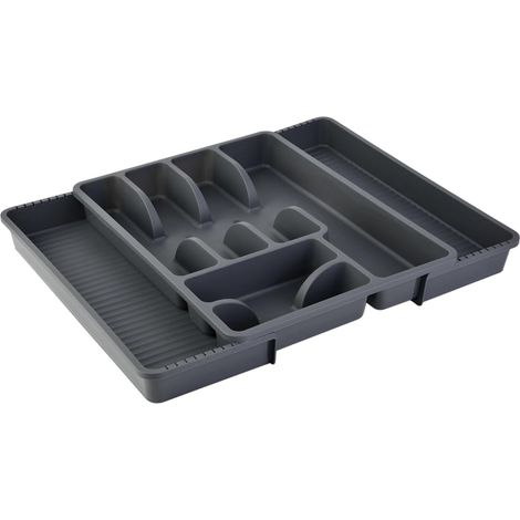 1 range-couverts réglable anthracite avec 8 compartiments, en plastique, sans BPA, porte-couverts, range-couverts pour tiroirs de cuisine, dimensions : 29-51 x 38 x 5 cm (1/5)