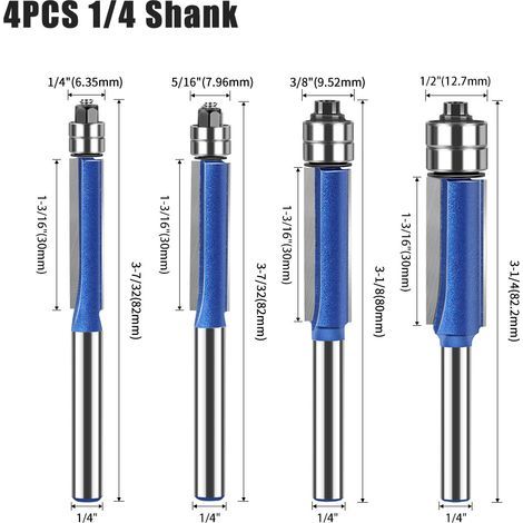 Lntyq 4pcs 6.35mm Tige Amélioré Fraise a Copier Affleurement Trim Routeur Bit Defonceuse Double Flûte Avec Roulement Supérieure 6.35, 7.96, 9.52, 12.7mm Pour Outils de Menuiserie Bleu (1/5)