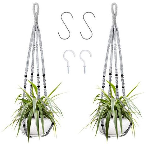 Lot de 2 Pots de Fleurs à Suspendre en macramé, paniers de Fleurs d'intérieur avec Perles de Bois décoratives en macramé pour décoration d'intérieur (Gris) (1/4)