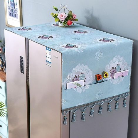 Housse anti-poussière pour réfrigérateur, couvercle multifonction avec sac de rangement, 140 cm x 55 cm couvercle pour machine à laver, avec pompon - bleu. (1/5)