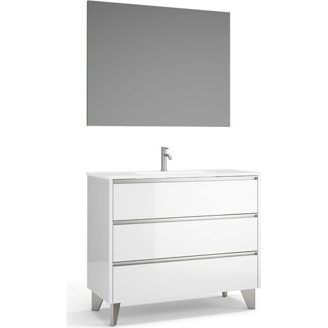 Mueble de Baño al Suelo con Espejo y Lavabo Cerámico  3 Cajones con Cierre Amortiguado y Organizador  60 cm Blanco Brillo Tirador Cromo (1/5)
