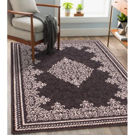 Traditional Poly Bordered Medallion Classic Dark Grey Rug Floor Mat Medium 120 x 160 cm (4'x5'3")