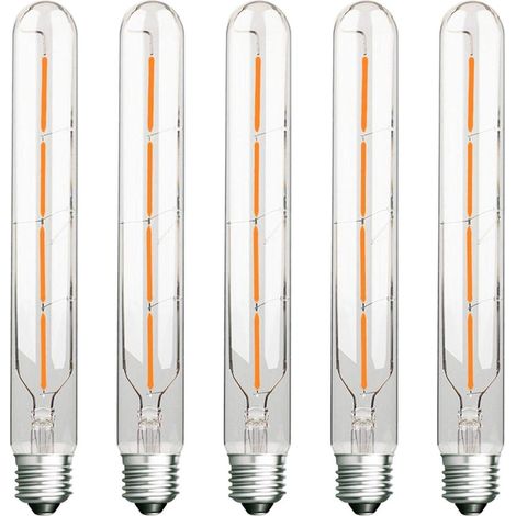 Lot de 5 Ampoules Long Tube, Filament LED Edison, 4W, Équivalent Incandescence 40W, Culot E27, Blanc Chaud 2700K,Verre Transparent (1/5)