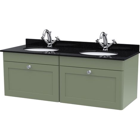 Nuie Classique Satin Green 1200mm Wall Hung 2 Drawer Vanity Unit with Black Marble Countertop and 2 Round Basins with 2 Tap Holes - CLC894BR2 (1/2)