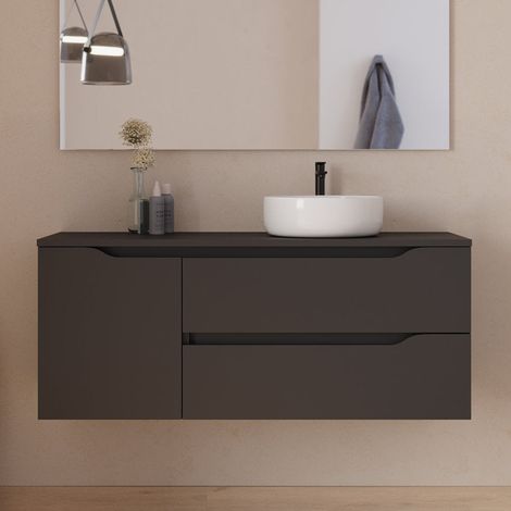 Meuble de salle de bain 120cm avec plateau et vasque à poser déportée à droite Ares - sans miroir - 2 tiroirs et un placard - noir - ZARZA