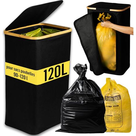 Support pour Sacs avec couvercle [90-120 l] - Système de poubelle pour la cuisine et la maison - Poubelle 120 l - Fermeture éclair - Déchets et Recyclage - Noir (1/5)