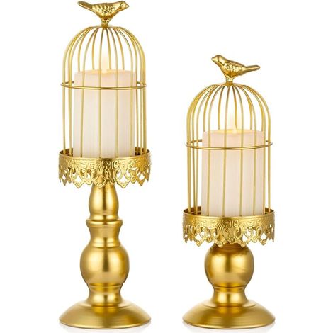 Portacandele vintage a forma di gabbia per uccelli, portacandele decorativo per tavoli da matrimonio, ornamenti shabby chic, oro S+L