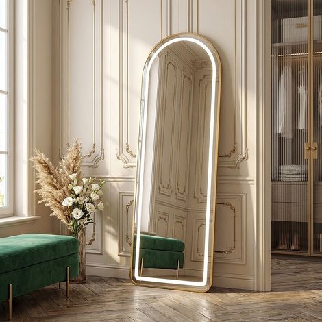Miroir LED Pleine Longueur Doré 150x40cm - Miroir sur Pied Arche Lumineux Tactile 3 Couleurs - Miroir Mural en Verre Trempé pour Chambre Dressing (1/5)