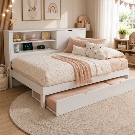 DESMIU Lit banquette 140 × 190 cm 2 places avec lit gigogne, rangement, USB et Type-C, sans matelas, blanc (1/5)