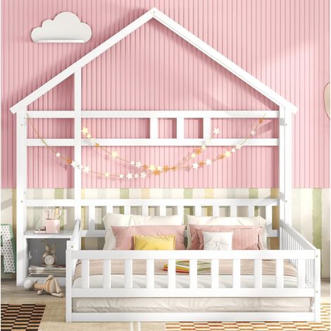 Cama infantil tipo casita 140x200 cm con cabecero, barandilla de seguridad y mesita, pino y MDF blanco (1/5)