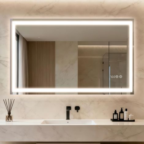 Miroir de Salle de Bain avec éclairage et Horloge 100 x 60 cm, Miroir LED avec 3 Couleurs de lumière à intensité Variable, Verre trempé et Horloge numérique, Interrupteur Tactile, Fonction (1/5)
