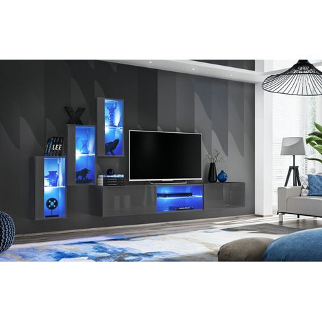 Ensemble meuble TV mural Switch XXII - L 240 x P 40 x H 170 cm - Gris - Livraison gratuite