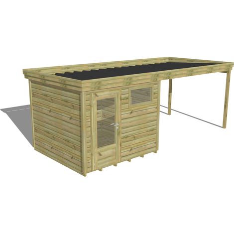 ABRI DE JARDIN bois Pin autoclave 27mm - 6,14x2,64m / 16,2m2 - Bac acier - Plancher bois (1/5)
