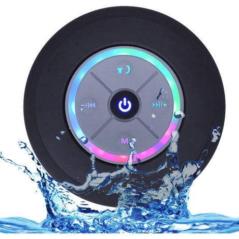 Mini-Bluetooth-Duschlautsprecher, IPX4 wasserdicht, LED-Licht, FM-Radio, Stereoklang, Mikrofon, Saugnapf, TF-Kartensteckplatz (schwarz)