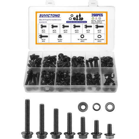 260-piece black M6 flange bolt assortment kit with flange nuts,  washers and locking spring washers,  M6-1.0x12/16/20/25/30/35/40mm hex head screws (1/4)