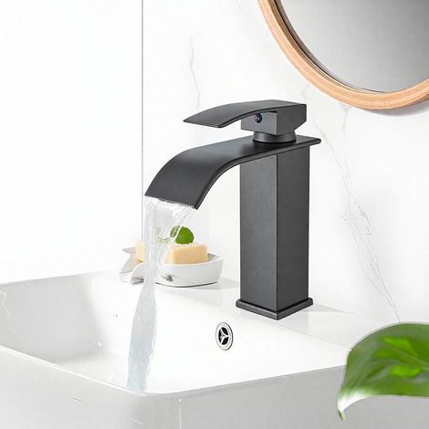 1 Mitigeur lavabo, Cascade, Laiton, Noir, Eau chaude et froide, Salle de bain (1/5)