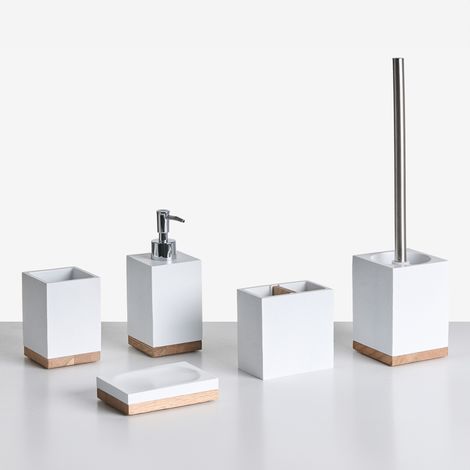 Conjunto de 5 accesorios de baño jabonera dispensador de jabón escobilla de inodoro vaso soporte para cepillos de dientes blanco Tapiche (1/5)