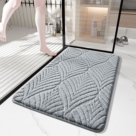 Tapis d’entrée et tapis de bain absorbant gris 50×80 cm, motif feuillage jacquard velours polyester doux, antidérapant, lavable à la main (1/4)
