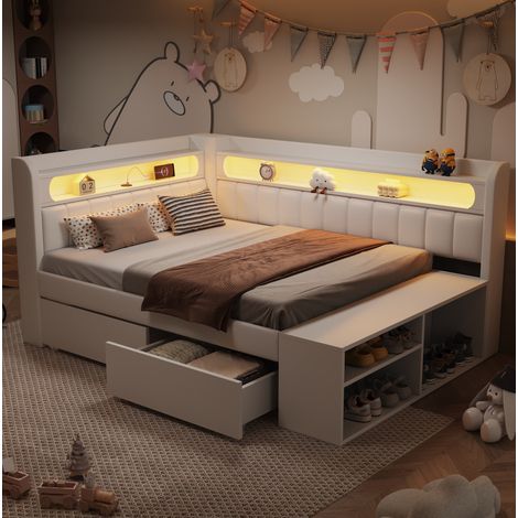 Divano letto imbottito in MDF e compensato bianco, 90x200 cm, con USB, LED, 2 cassetti e vano porta scarpe. (1/5)