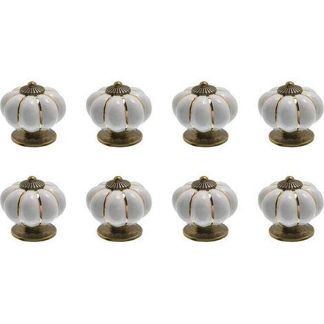 8 x Boutons de tiroir en céramique bouton de meuble forme citrouille pour tiroirs et placards de cuisine (Blanc)