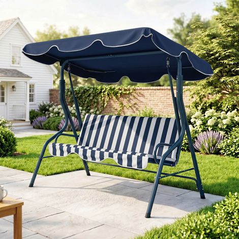 Balancelle de jardin 3 places avec toit étanche, inclinaison réglable, coussins d'assise et de dossier, rayures bleues et blanches (1/5)