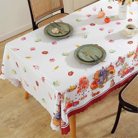 Nappe moderne et simple pour Thanksgiving, imperméable, en polyester, motif vague, dentelle, feuilles d'érable et pignons de pin, 150 x 150 cm (1/5)