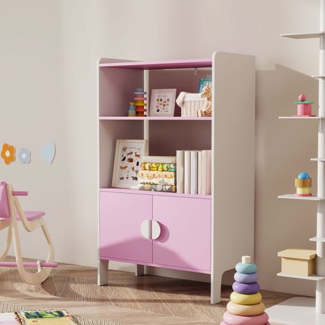 Libreria per bambini, 2 ripiani, 2 ante, autoportante, design antiribaltamento, piedini antiscivolo, MDF, rosa+bianco (1/5)