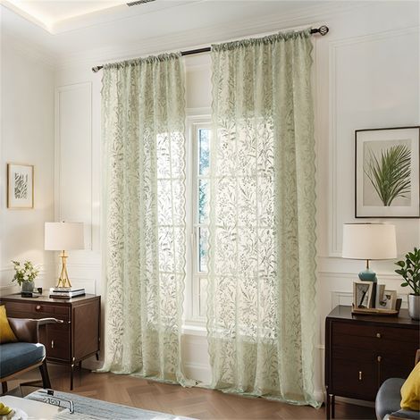 LOLLANDA Rideau Voile Vert Sauge Brodé Feuilles 1 Panneau, Poche Tringle, Rideau Transparent Filtrant Lumière pour Salon Chambre, Décoration Maison Élégante Style Campagnard-130x160CM (1/5)