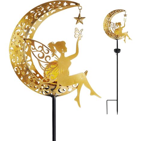 Lampes solaires pour jardin féérique, Figurine lumière lune fée, Décor extérieur jardin, Statues décoration, Éclairage vintage or (1/5)