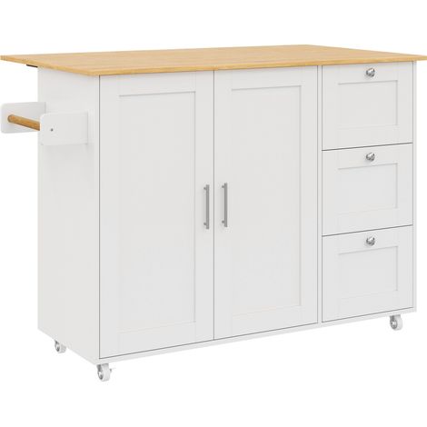 Isla de cocina móvil con encimera de roble MDF blanca 135 x 44 x 90 cm (1/5)