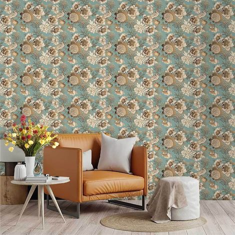 Vintage-Tapete mit goldenen und grauen Blumen und Vögeln, 44,5 cm x 3 m, für Schlafzimmer, Wohnzimmer, TV-Möbel, Sofa, Küche, Wände und Kleiderschränke. Die Tapete ist selbstklebend und leicht zu rein (1/5)