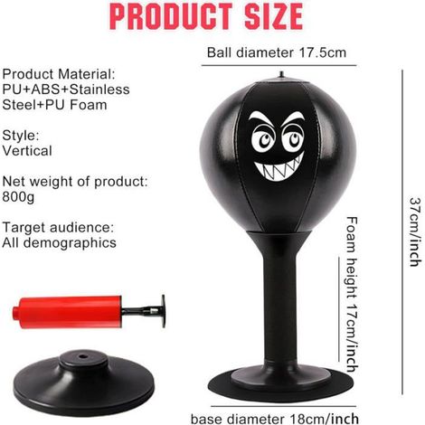 Sac De Frappe De Bureau,Punching Ball, Sac De Frappe Debout,Gonflable avec Ventouse Pompe à air Cadeau pour Adultes, Enfants,Noir (1/5)