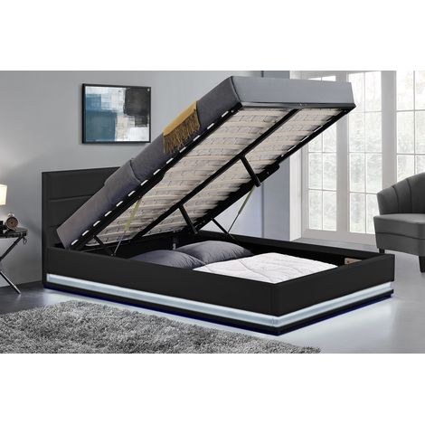 Concept-Usine – Lit avec tiroirs 160x200 cm – Coffre de rangement avec mécanisme à vérins – LED intégrées – Structure en Plywood noir (1/5)