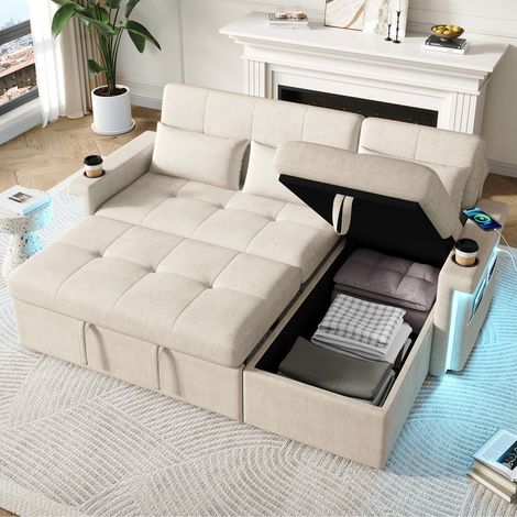 Canapé d'angle convertible,canapé convertible,canapé lit avec éclairage LED,ports USB,Canapé de Salon dossier réglable avec coussins et porte-gobelet, et espace de rangement intégré,Beige (1/5)