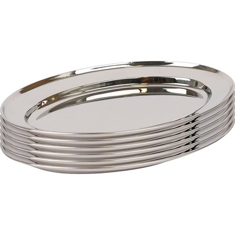 Lot de 6 plateaux de service ovales en acier inoxydable 30 x 20,5 cm, bords relevés pour buffet (1/5)