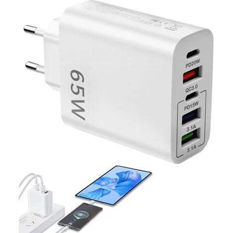65-W-Schnellladeadapter mit USB-C-Multiport (5 USB-C- und USB-A-Anschlüsse, QC3.0 PD20W) für universelles Schnellladen von iPhone 15, 14, 13, 12 und 11, Samsung S23, S22 und S21, iPad, Huawei und Xiao (1/5)