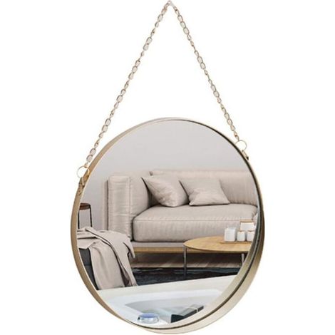 Hanging Mirror, Round Bathroom Makeup Mirror 25 x 25 cm, Brass Frame with Hanging Chain, Simple Style [Small Size]