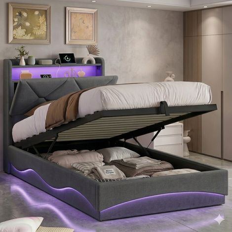 Lit coffre 90x200,lit simple 90x200,avec sommier à lattes,tête de lit avec chargement USB et lumières LED réglables,tissu en velours,Gris (1/5)