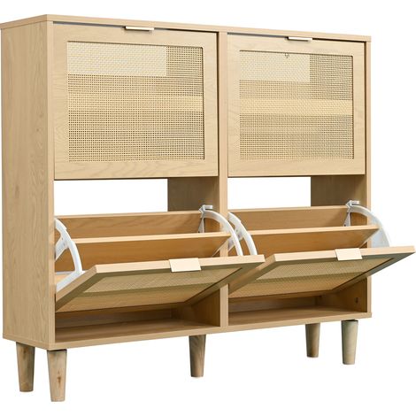 Schuhschrank mit 4 Klappfächern, Rattan-Akzent Ajouriert, Holzbeine, Landhausstil, aus Spanplatte, 100×25×90 cm, Helleiche (1/5)