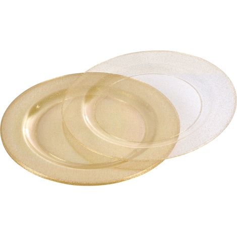 Set de 6 Assiettes Réutilisables 18 cm Plastique Transparent Pailleté Or