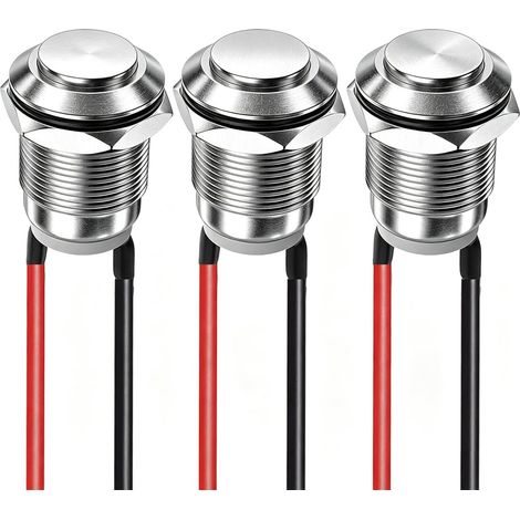 3pcs 12mm 2A 12V/24V/125V/250V Momentané Bouton-Poussoir Étanche en Acier Inoxydable Bouton-Poussoir on/Off avec Fil (Tête Haute) (1/5)