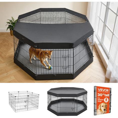 VEVOR Corral de Metal Plegable para Perritos con Base y Cubierta Superior, Valla Metálica para Mascotas Medianas, 8 Paneles de Malla, Tapa Parasol, Accesorios de Estacas Hebillas Clips de Fijación (1/5)